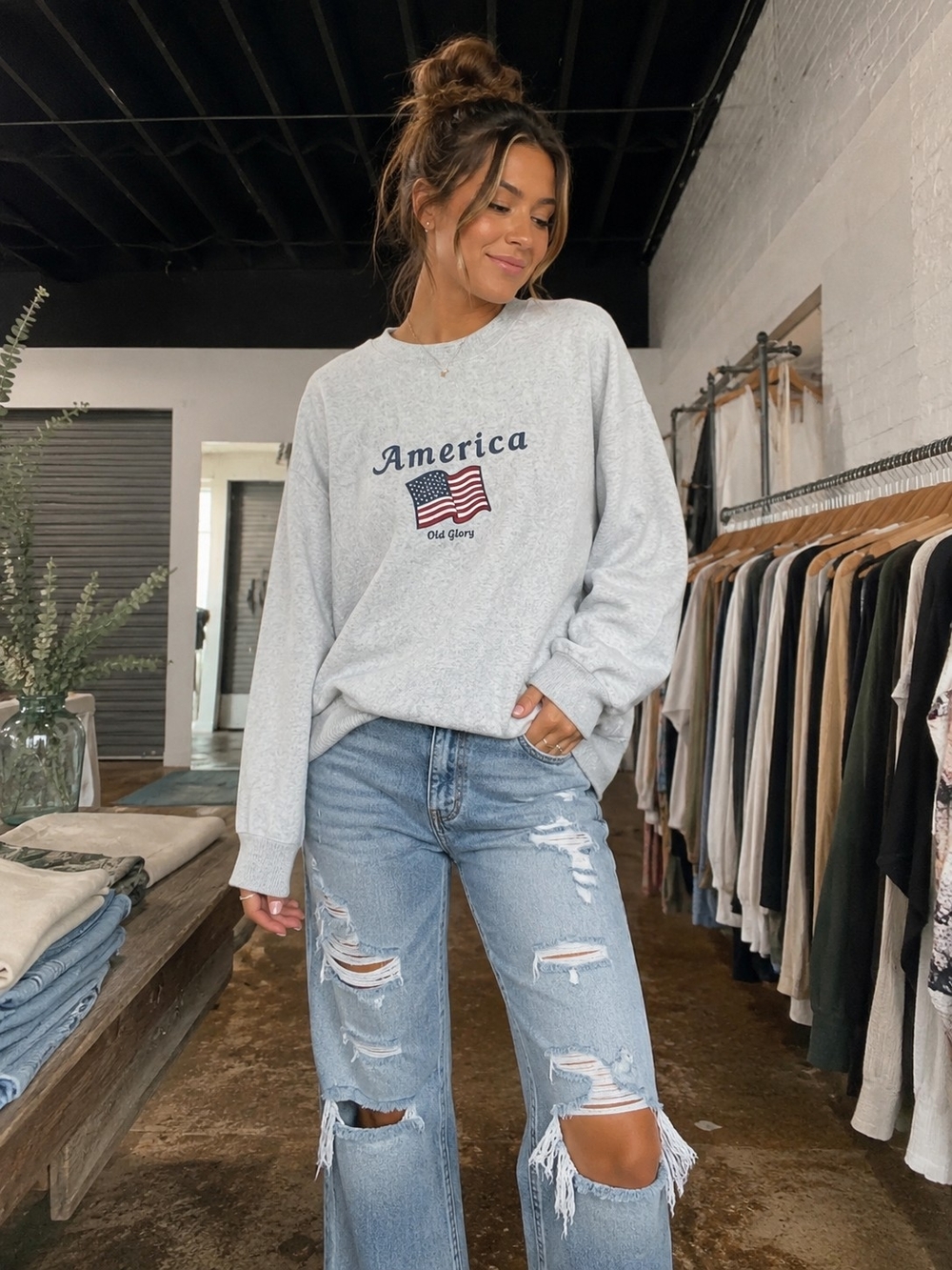 America Flag Graphic Sweatshirt - Light Gray - Picture 5 of 5